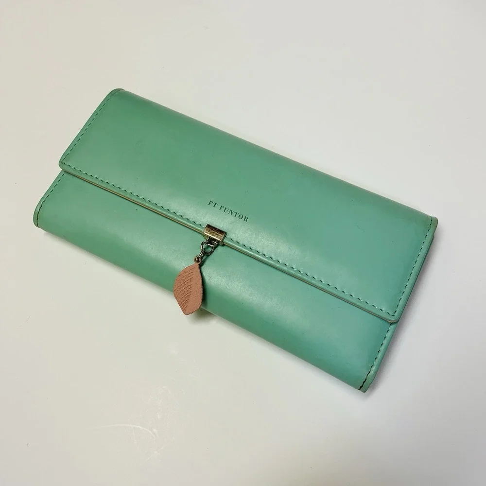 FT Funtor Matcha Green‎ Tri-fold ID Wallet Leaf Charm Card Holder Coin Pocket